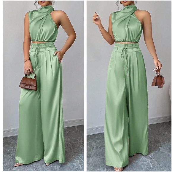 Classic Solid One Shoulder Wide leg Pants Set - Picture 6 of 7